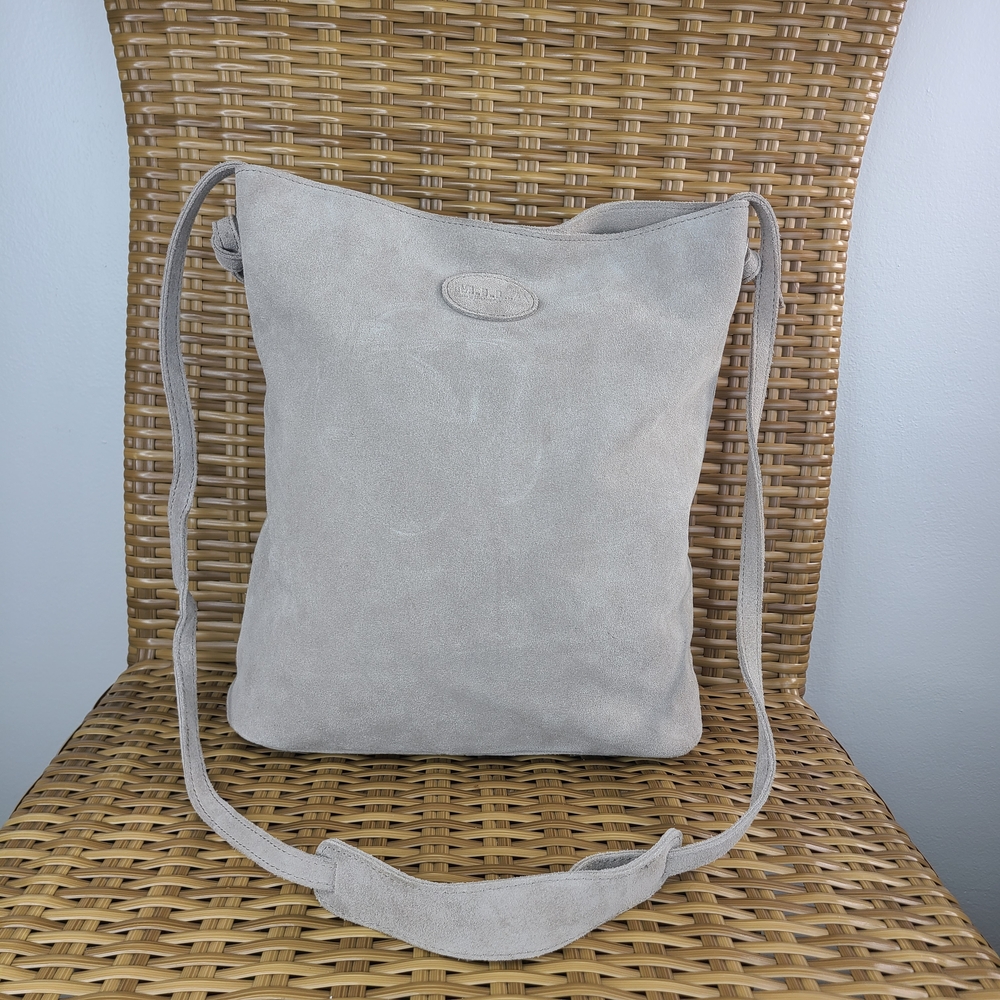 M.I.L.A Jackie Gray Suede Crossbody Shoulder Messenger Tote Bag Leather Slouchy